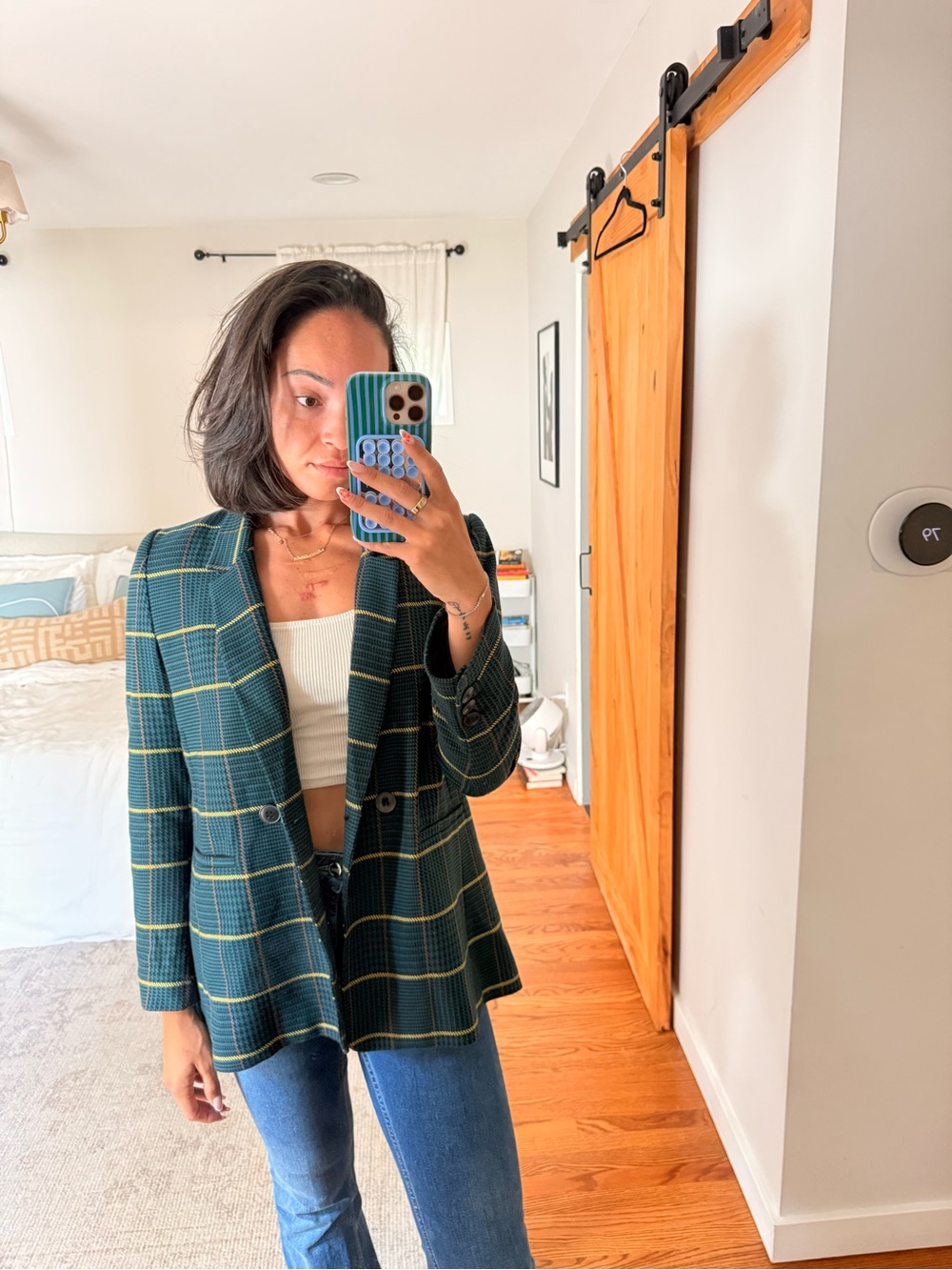 Anine Bing Green Plaid Double-Breasted Blazer